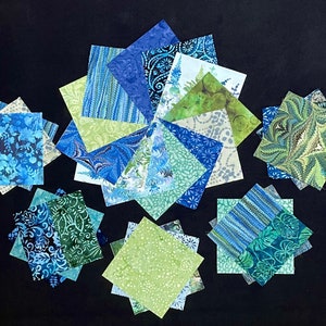 72 Batik Blue green white 7&quot; pre cut fabric quilt blocks,  patchwork quilt kit top,  abstract charms, polka dots, flowers, lines, paisley