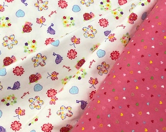 floral flower birds butterfly flannel fabric, pink with hears green, daisy, pretty, spring floral, baby girl quilt flannel, by the yard