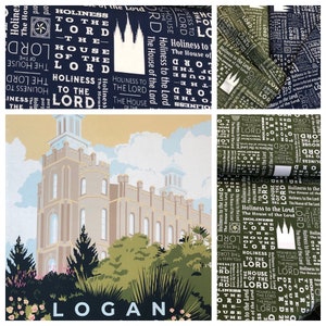 Logan Temple House of the Lord, Text in green or blue from Temples Collection by Riley Blake Fabric - 100% Quilt Shop Quality Cotton