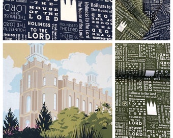 Logan Temple House of the Lord, Text in green or blue from Temples Collection by Riley Blake Fabric - 100% Quilt Shop Quality Cotton