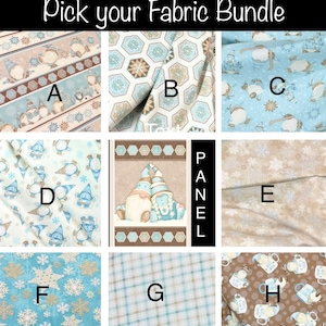 I Love Sn Gnomies fabric bundle, by Henry Glass beige aqua blue, penguin polar bear, snowflakes, snowman, hot chocolate, skiing gnomes