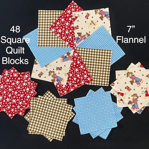 May include: 48 7-inch square quilt blocks in flannel fabric. The blocks feature a variety of patterns, including stars, gingham, and a cowboy theme.