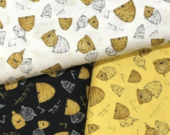 Bee's Life fabric, honey bee, 100% Cotton, pure raw honey, honeycomb, yellow gray black parchment, Riley Blake beelieve, coordinate fabrics