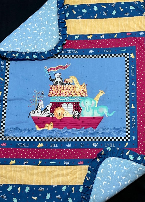 Noah s Ark Baby Crib Quilt Sale Discount assembled Sewn Ready to Tie or Quilt Blue Yellow Red Cotton Fabric Baby Blanket Moon Stars Etsy Canada
