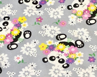 Panda Bear floral flowers, white gray pink flannel baby fabric, by the yard, yellow purple daisies, flower garden, qulting fabric