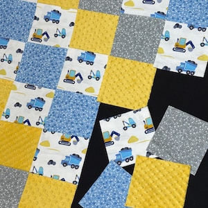 Equipment Construction rag quilt kit 72 pre cut 7" squares flannel blocks, blue yellow gray, boy DIY quilt, dump truck backhoe, bubble minky