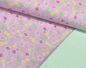 Pink floral Mint green Gingham flannel, Plaid check fabric, flowers, green vines, coordinating quilting flannel, sold by the yard