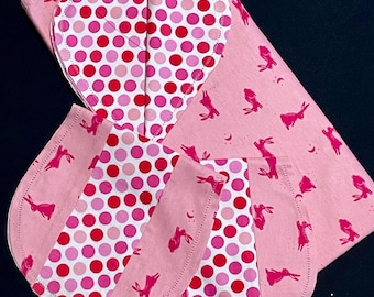 Manta de recepción con lunares y conejito de punto de vainica y 2 paños para eructar, manta para niña, franela de crochet DIY, blanco y rosa, regalo para baby shower, calidad superior