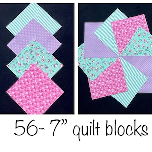 Könnte beinhalten: 56 - 7" Quiltblöcke in rosa, grün und lila Stoffen mit verschiedenen Mustern. Die Blöcke sind in Sternform angeordnet.