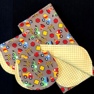 Hemstitch equipment dump truck Receiving blanket & 2 burp cloths, green red, loader, tractor, bulldozer, boy construction crochet flannel
