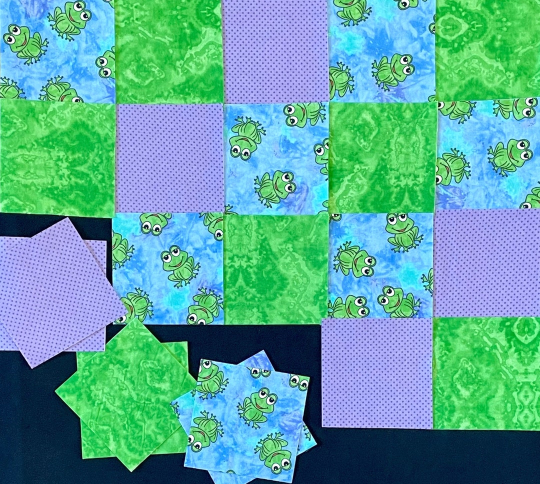 Frog Pre Cut Rag Quilt Kit, 7 Squares, 72 Quilt Blocks, Lily Pad Purple
