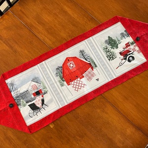 Holiday Heartland Table runner Christmas, red barn, sleigh wagon, snow,  kitchen decoration, centerpiece, housewarming gift,  13.5 x 42