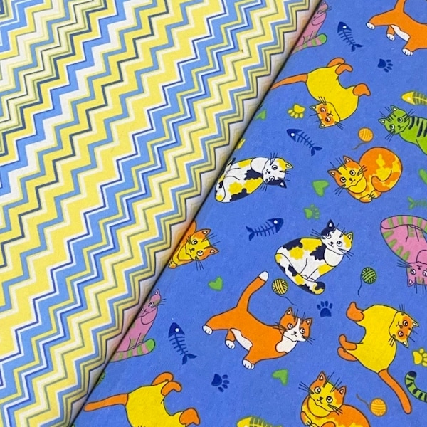Kitten kitty cat Flannel fabric, top quality, bright colorful cats on blue, yellow chevron coordinate, tabby cat, sewing, cat lovers