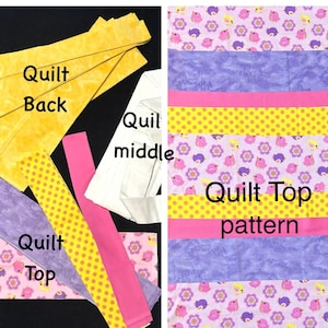May include: A split image showing quilt components. On the left, yellow, pink, purple, and patterned fabrics labeled "Quilt Back" and "Quilt Top". On the right, a quilt top pattern with pink, yellow, and purple sections, and the text "Quilt Top pattern".