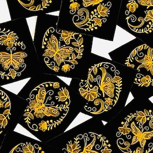 Yellow Butterfly Embroidered set of 12 on 7&quot; square cotton fabric quilt blocks, Machine Embroidery, black and yellow, gold