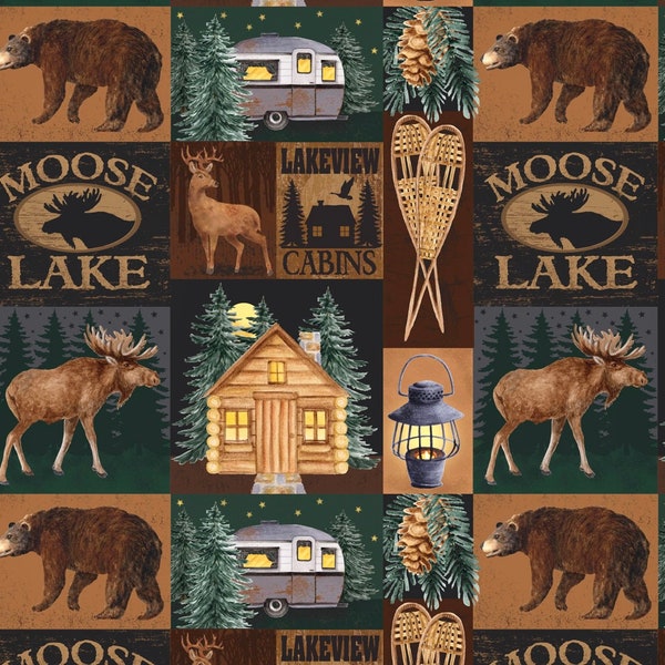 Moose Lake Cabin by David Textiles 100% Cotton, deer bear moose elk, blue green brown, Wildlife Wilderness, cabin camper