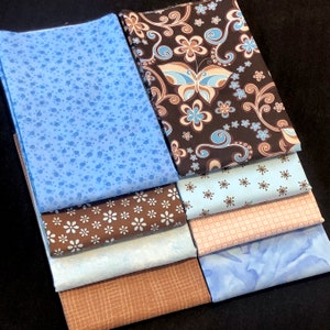 Brown blue fat quarter fabric bundle, 8 different patterns, cotton quilting fabrics, stripes, flowers, checks, Riley Blake, patchwork