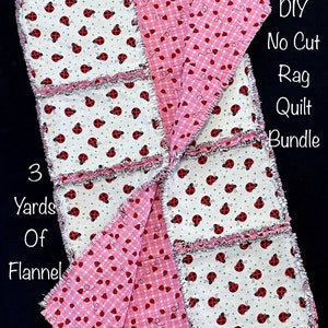 Girl ladybug rag quilt flannel fabric bundle, 3 yards with instructions, pink red black, baby girl blanket, No Cut DIY rag quilt kit
