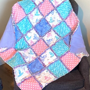 Pony pre cut 7" squares quilt blocks, pink aqua white purple, DIY Rag quilt kit, horse flannel, butterfly polka dots, girl patchwork blanket