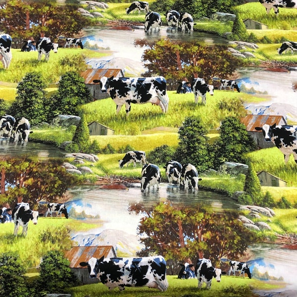 Cows at the river, grazing cow heard, barn yard, by David Textiles, cow hide coordinate, green, black and white, Holstein cow, farm quilt