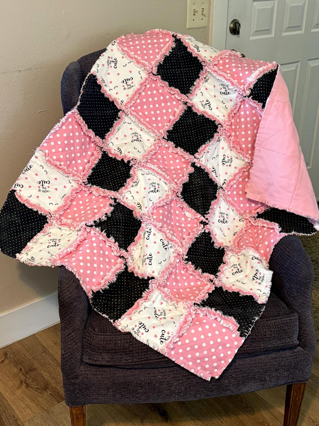 Pink Rag Quilts Pink Black White Rag Quilt Kit, I Just Woke up This Cute, Girl Pre Cut ...