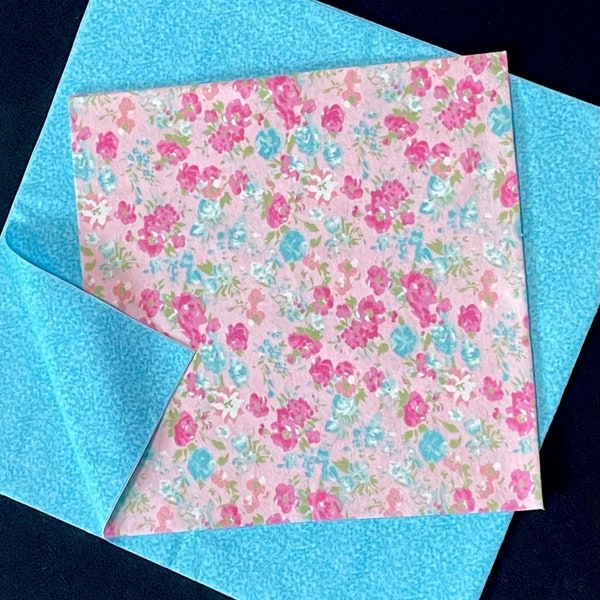 Self binding flower pink aqua baby blanket kit -precut & ready to sew, flower garden roses, flannel, 32x32 top, 42x42 back,  girl gift