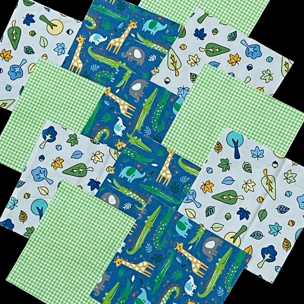 Jungle Zoo animals, 84 pre cut 7" squares, Boy Rag quilt kit, blue green white flannel, elephant alligator giraffe, tree leaves green checks