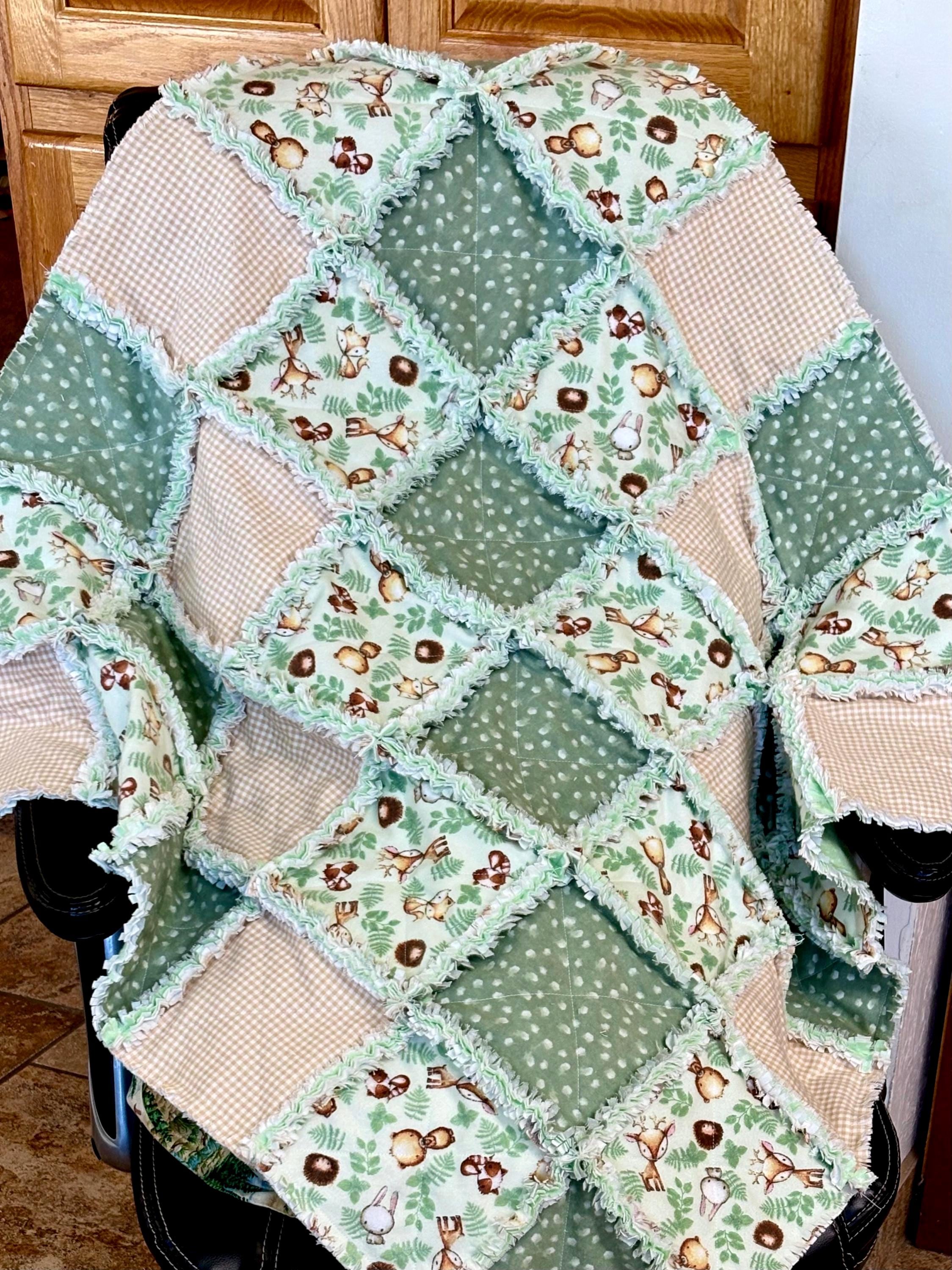 Woodland Tykes Animals Sage green rag quilt kit 72 pre cut 7"squares Fox Racoon Bunny Porcupine Deer, tan, DIY patchwork baby quilt, unisex