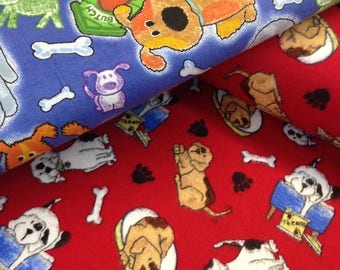 Puppy dog, dog bones, red or  blue Flannel Fabric, Quilt Puppy Dog Flannel Quilt Fabric  mans best friend, dogs and balls,  by the yard