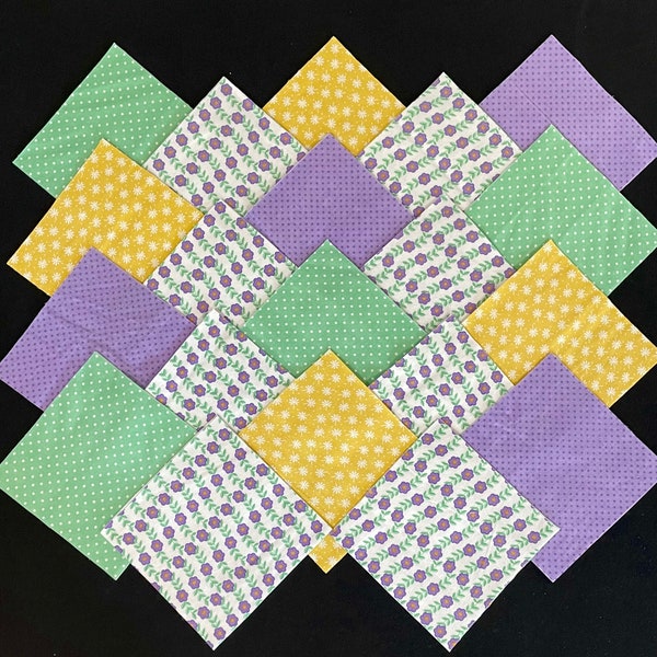 84 flower rag quilt kit pre cut 7" squares, 2 flannel layers, purple flowers, polka dots, yellow flowers, mint green, patchwork rag quilt