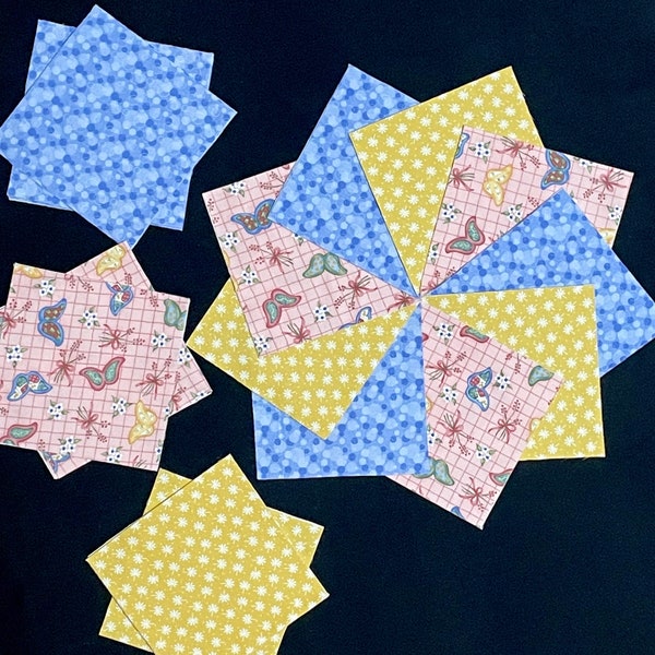 42 pre cut butterfly  7" square quilt blocks, flannel blocks, coral blue yellow, baby girl patchwork or rag quilt top, DIY sewing project