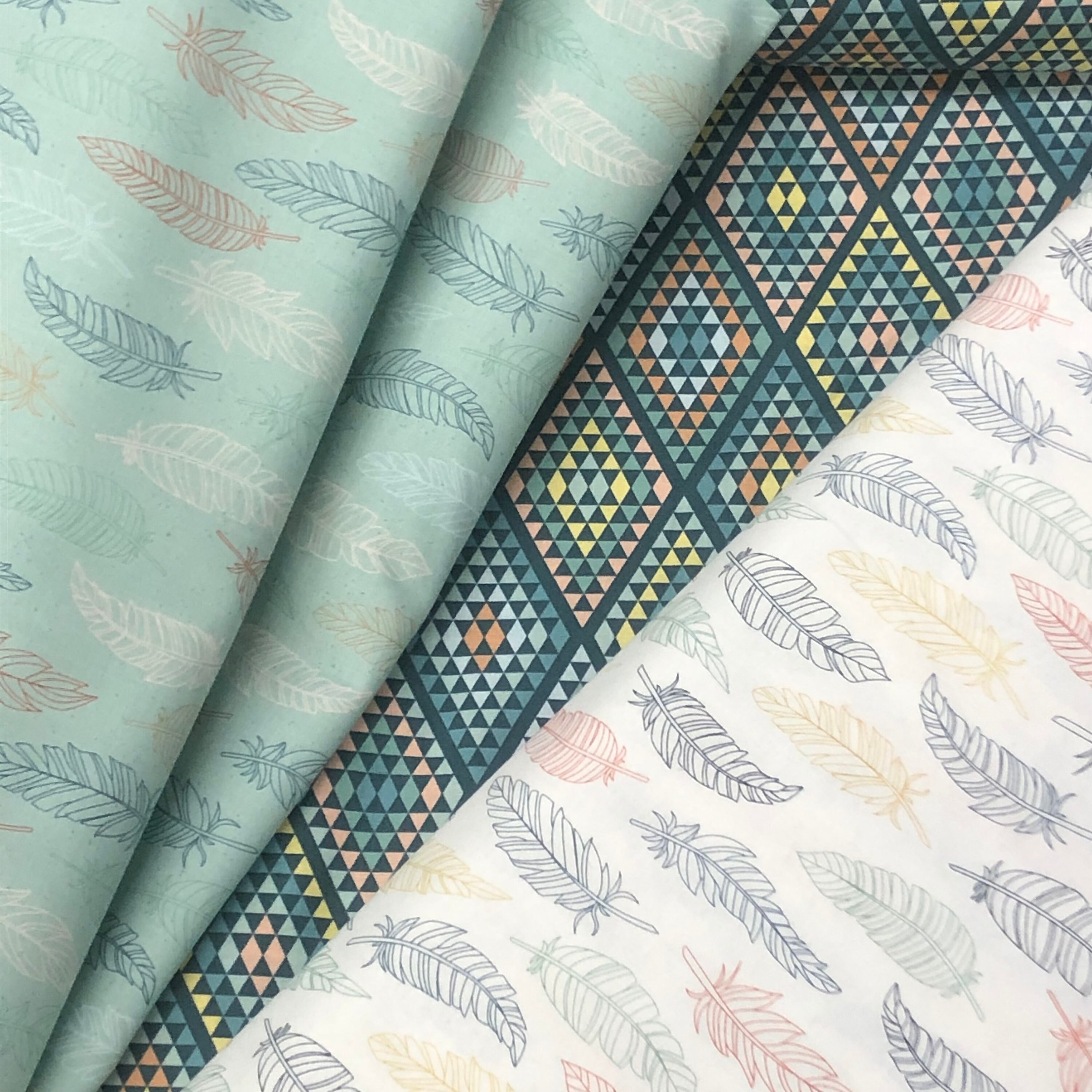 Dream Weaver Feathers Indian Native American, geometric, South West,feathers on cream, teal diamond, Aztec, by Riley Blake, cotton fabric