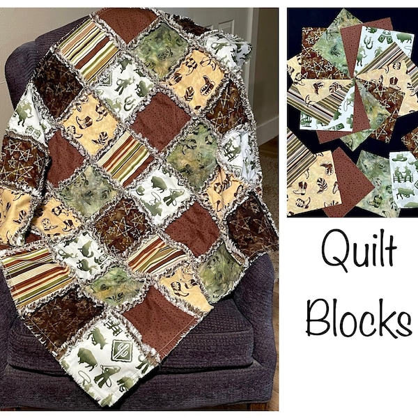 48 Western rodeo Cowboy 7 inch Square quilt blocks, cotton, green brown beige, boots hat, Rodeo Roundup, throw quilt top, option for back