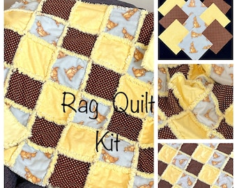 Baby Kangaroo rag quilt kit, 72 pre cut 7" flannel blocks, or completed quilt, yellow gray brown, baby boy or girl 36x36, patchwork