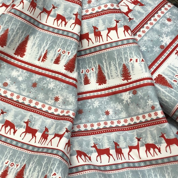 Winter Frost fabric, red gray, white swirls, reindeer, snowmen, reindeer, sleigh rides, Holiday Christmas, trees, snowflakes  by Henry Glass
