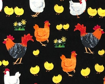 48" Chickens Best Friends Farm, animal cotton fabric, tossed chickens, black orange white yellow, baby chicks, flower barnyard farmer fabric
