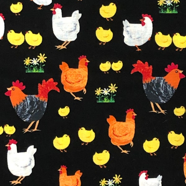 48" Chickens Best Friends Farm, animal cotton fabric, tossed chickens, black orange white yellow, baby chicks, flower barnyard farmer fabric