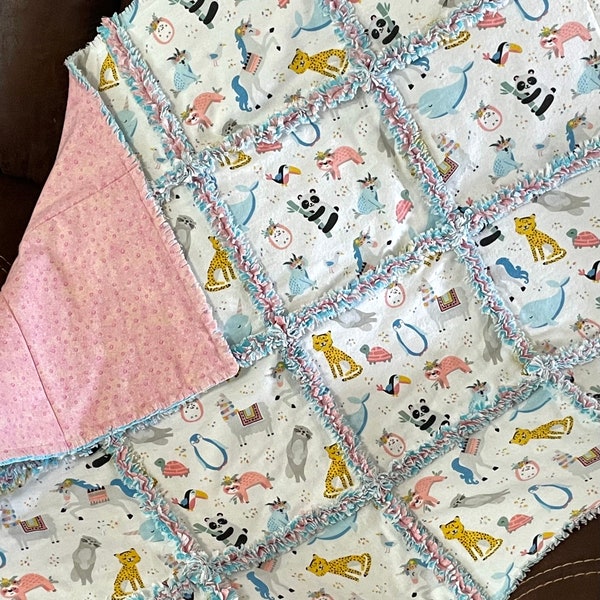 Girl unicorn, Noah's ark rag quilt flannel fabric bundle, 3 yds of flannel with instructions, baby blanket, sloth llama, elephant penguin