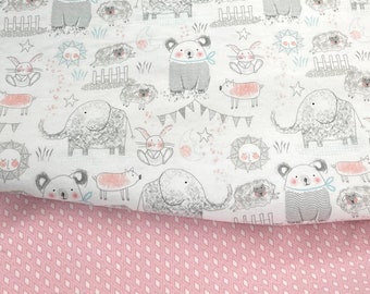 White Elephant, Bear, Pigs, Bunny & Sheep Comfy Flannel, pink or aqua Snuggle in the Jungle diamond coordinate fabric, baby boy girl, soft