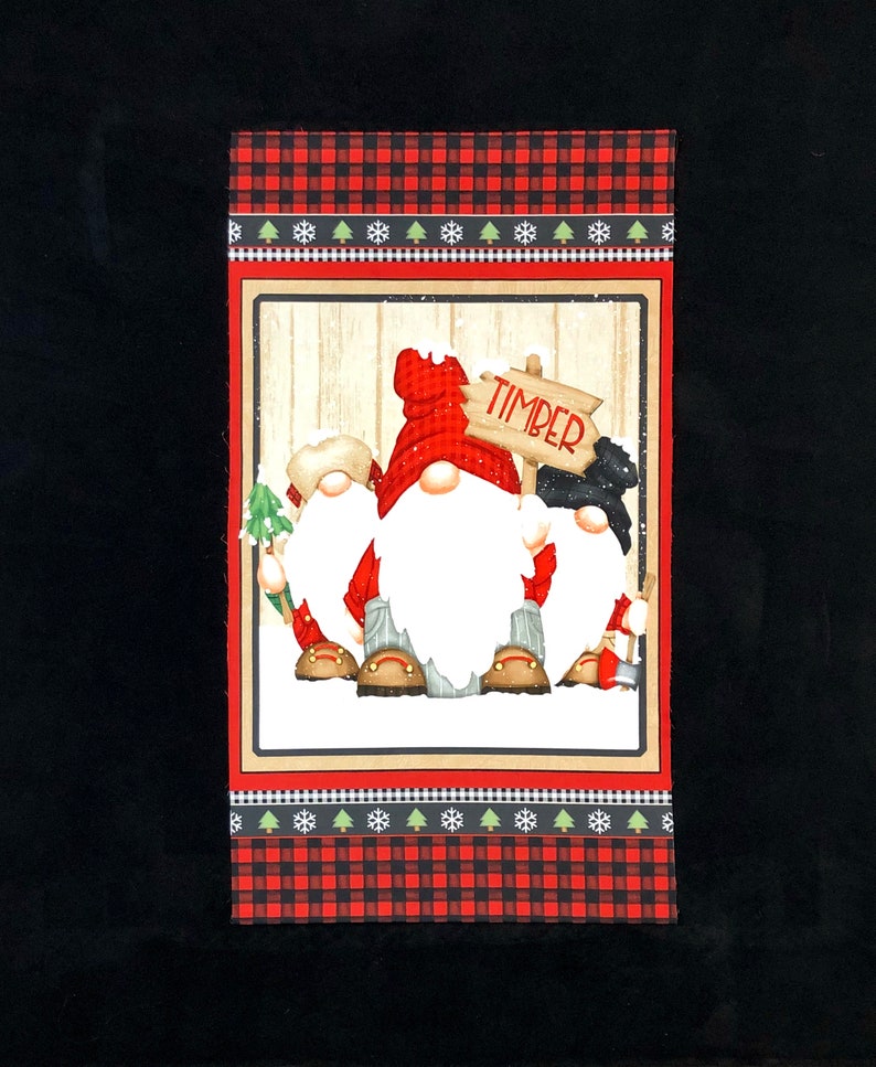 Timber Gnomies FLANNEL fabric panel, by Henry Glass, tan red black white, snowflakes, buffalo plaid, holiday Christmas fabric image 3