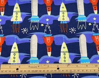 Tela de franela con estampado de cohetes espaciales, tela de nave espacial, azul, rojo y amarillo, tela de franela para manualidades de bebé niño, tela para patchwork con lunares rojos y negros