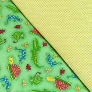 Lizard frog turtle flannel Fabric, lime green, colorful coordinate gingham yellow, AE Nathan, crocodile alligator, quilting, decorating