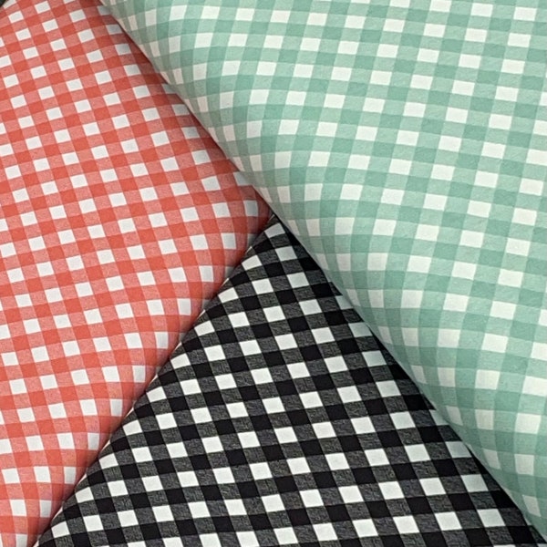 plaid checks, Joy In The Journey fabric, gingham, charcoal, coral, mint by Riley Blake, Camping tents, 100% cotton quilting fabric