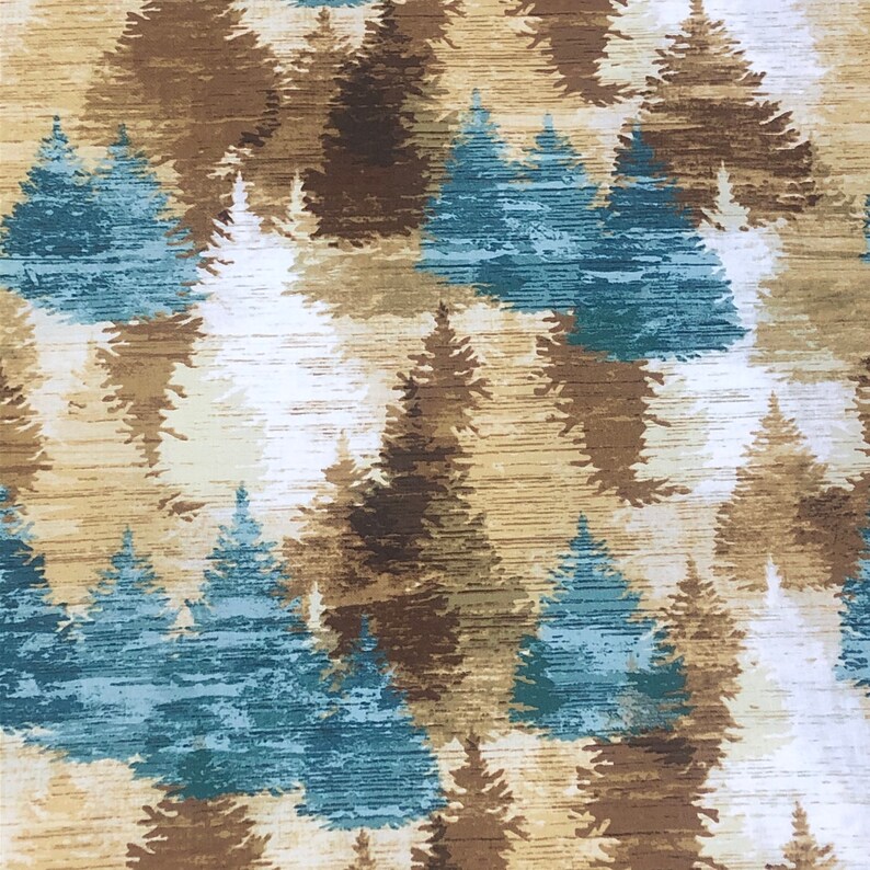 May include: A fabric with a repeating pattern of stylized evergreen trees in shades of brown, blue, and white against a tan background. The design has a wood-grain texture, creating a rustic, natural aesthetic.