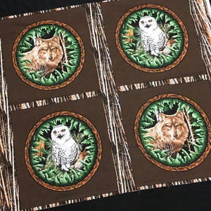 Wolf owl fabric panel Wildlife quilting pillow panel, woodland fabric panel approx 1 yard panel, green brown white, wall hanging