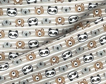 May include: A beige fabric with a repeating pattern of brown bears, gray koalas, and black and white pandas. The pattern is on a white background with thin gray stripes.