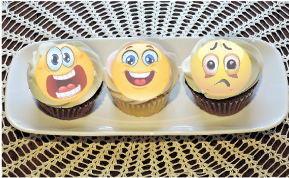 Smiley Face Emoji Wafer Paper Toppers 1.5 Inch for Decorating Desserts Cupcakes Birthday Cakes Cookies Pack of 12