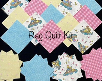 84 Precious Moments, baby rag quilt kit, pre cut quilt blocks 7" squares, pink yellow blue, lion bunny, raft, star baby girl flannel blanket