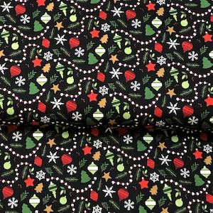 Kersttradities, kerstversieringen, zwart, slinger, kerstverlichting Feeststof, voor Riley Blake 100% katoen, verkocht per 1/2 yd