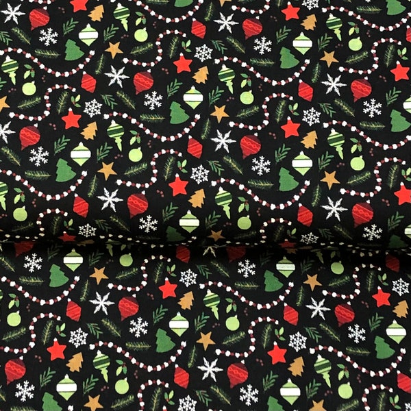 Christmas Traditions, Christmas ornaments, black, garland, Christmas lights Holiday fabric, for Riley Blake 100% cotton sold by 1/2 yd or yd
